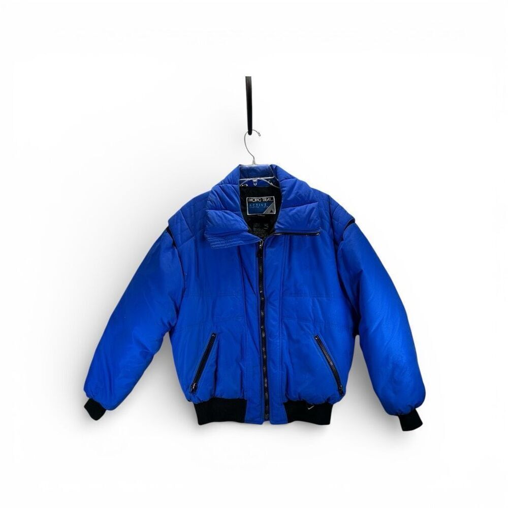Vintage Pacific Trail Blue Down Puffer Jacket Cropped Bomber Coat 70% Down Lg